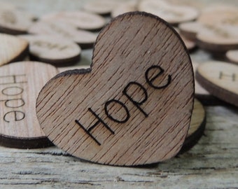 100 Hope 1" Wood Hearts, Wood Confetti Engraved Love Hearts- Rustic Wedding Decor- Table Decorations- Small Wooden Hearts