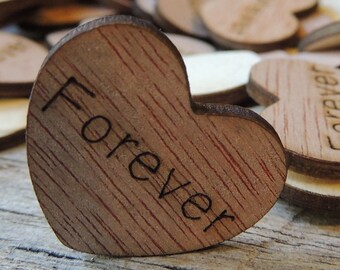 100 Forever 1" Wood Hearts, Wood Confetti Engraved Love Hearts- Rustic Wedding Decor- Table Decorations- Small Wooden Hearts