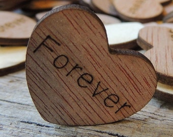 100 Forever 1" Wood Hearts, Wood Confetti Engraved Love Hearts- Rustic Wedding Decor- Table Decorations- Small Wooden Hearts