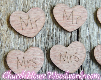 RUSTIC WOODEN HEARTS BRIDE GROOM MR MRS TABLE DECORATION WEDDING PERSONALISED