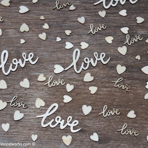 100 pieces love Cursive words and tiny heart mix, Wedding receptions, wedding table decor, wedding confetti, love wood, love wood shape