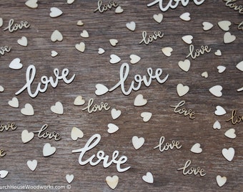 100 pieces love Cursive words and tiny heart mix, Wedding receptions, wedding table decor, wedding confetti, love wood, love wood shape