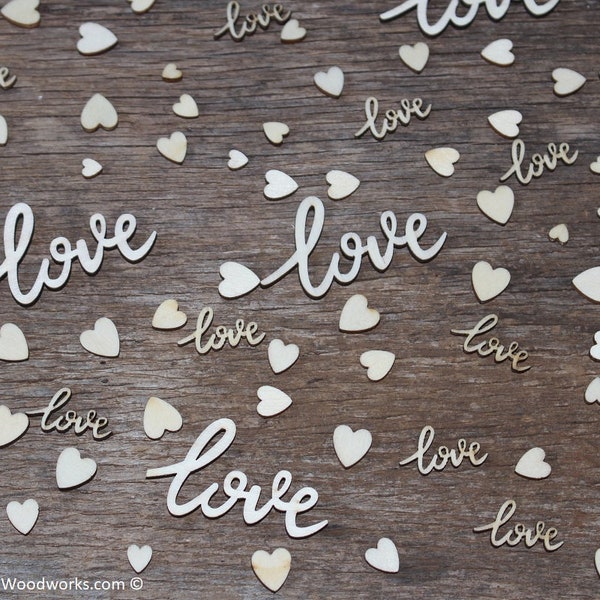 100 pieces love Cursive words and tiny heart mix, Wedding receptions, wedding table decor, wedding confetti, love wood, love wood shape
