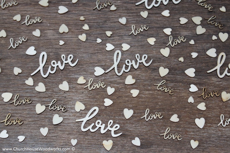 100 pieces love Cursive words and tiny heart mix, Wedding receptions, wedding table decor, wedding confetti, love wood, love wood shape 