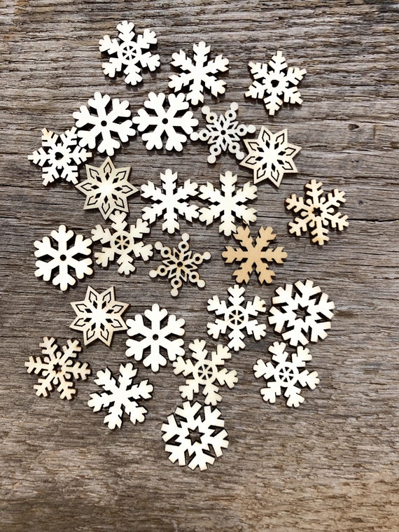 1 Inch SILVER Mini Wood Snowflake Christmas Ornaments 25 QTY