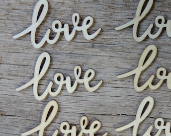 25 qty love Cursive 2 inch words, Wedding receptions, wedding table decor, wedding confetti, love wood embellishment, love wood shape