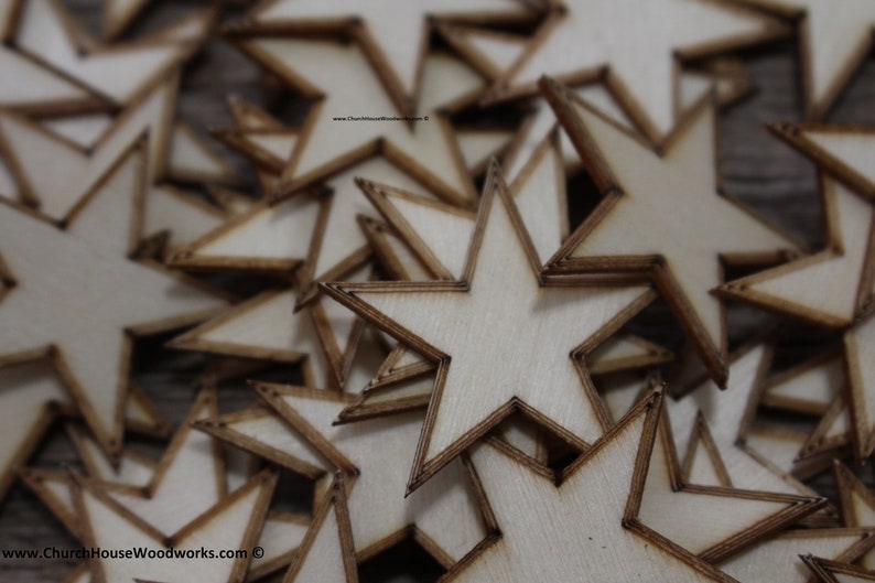 50 qty 1.25 inch Stars with BORDER Tiny Laser Cut Mini Wood Stars 1-1/4 Rustic Decor Wooden Stars DIY Craft Supplies 32mm Wood Flag Bild 1