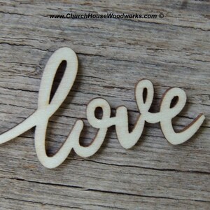 25 qty love Cursive 2 inch words, Wedding receptions, wedding table decor, wedding confetti, love wood embellishment, love wood shape image 3