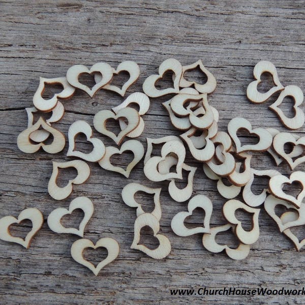 50 qty 1/2" Wood Hollow Hearts, Wood Confetti Engraved Love Hearts- Rustic Wedding Decor- Table Decorations- Small Wooden Hearts