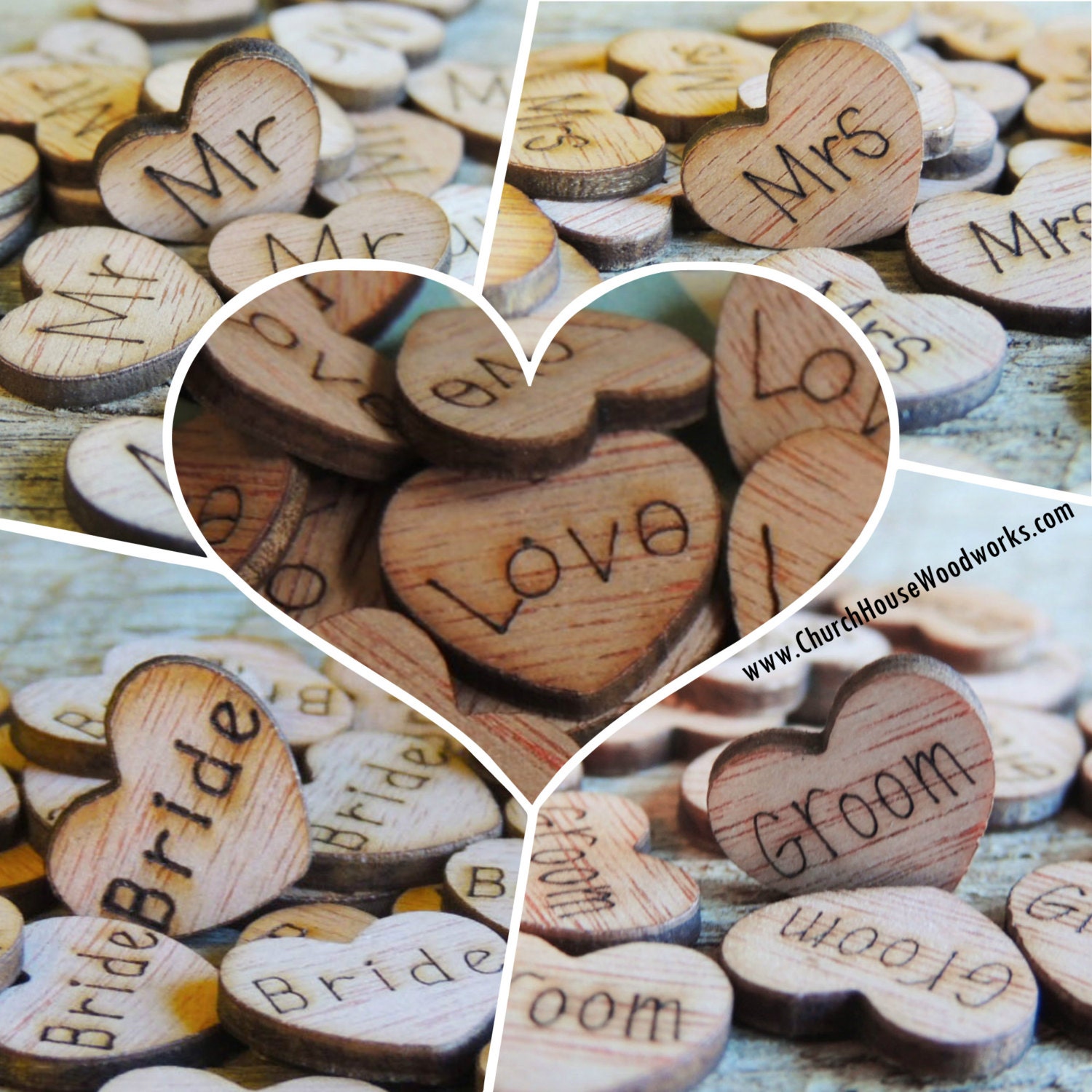 200 Pack Engraved Wood Heart Table Confetti, Small Wooden Hearts