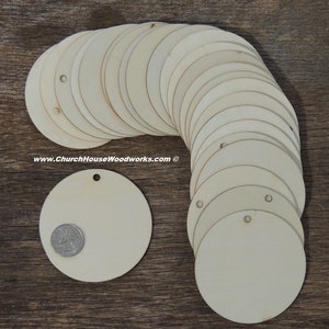 25 qty 3.25 inch wooden TAG craft circles, DIY craft supplies 3-1/4 wood circle, blank Christmas ornaments, wood disk, rounds, with hole image 1