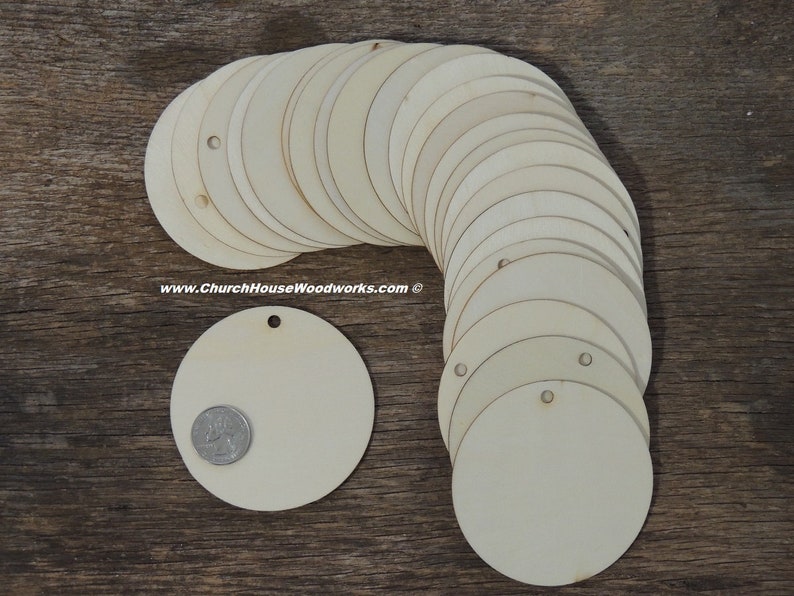 25 qty 3.25 inch wooden TAG craft circles, DIY craft supplies 3-1/4 wood circle, blank Christmas ornaments, wood disk, rounds, with hole image 1