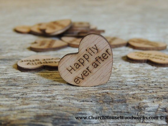 100 Happily Ever After 1 Wood Hearts, Wood Confetti Engraved Love Hearts-  Rustic Wedding Decor- Table Decorations- Small Wooden Hearts