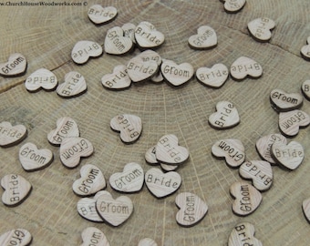 Bride and Groom Wood Hearts, Wood Confetti Engraved Love Hearts- Rustic Wedding Decor- Table Decorations- Tiny Wooden Hearts
