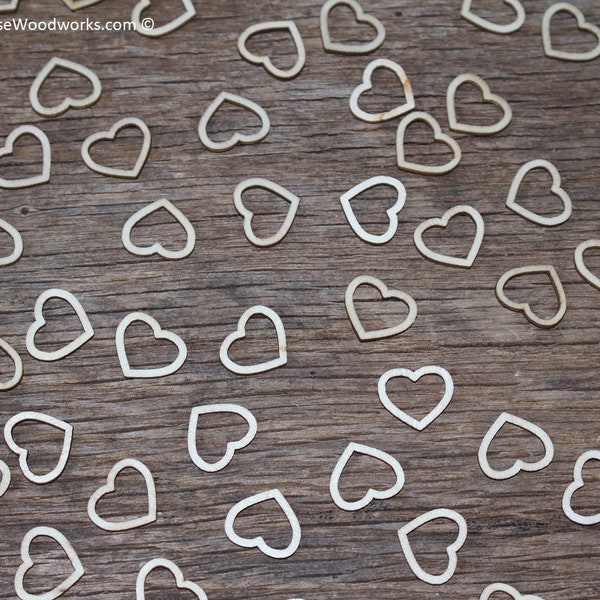 100 qty 5/8" Wood Hollow Hearts, Wood Confetti Engraved Love Hearts- Rustic Wedding Decor- Table Decorations- Small Wooden Hearts