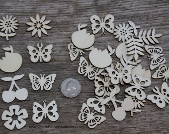 25 qty Random Spring time assortment, DIY crafts, Flower, Butterfly, Apple, Cherry embellishments, Wood Shape Blanks, Crafts, Wood craft