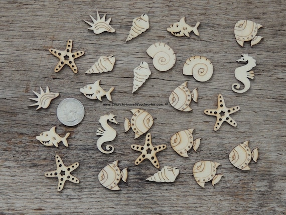 50 Piece Mix Under the Sea Wood Shapes Embellishments for Crafts Scrap  Booking Art Decor Wooden Marine Life Wood Shapes Shark Seahorse Fish 
