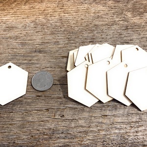 May include: A stack of 12 unfinished wooden hexagon tags with a hole at the top. The tags are approximately the size of a US quarter.