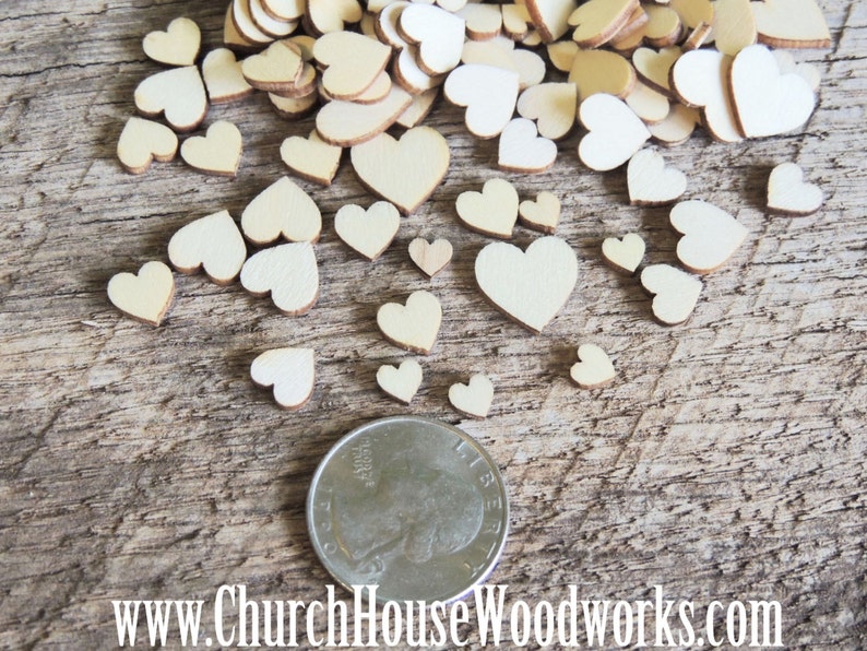 50 Tiny Mini Wood Hearts, Wood Confetti Hearts Rustic Wedding Decor Table Decorations Wooden Hearts Guest Book Decor DIY Craft Supplies image 2