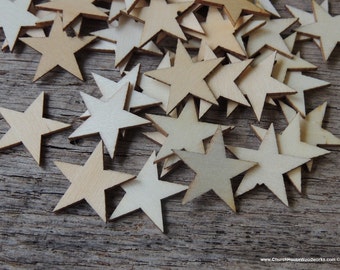 50 / 100/ 250 / 500 Laser Cut Wood Stars - 1/4, 5/16, 3/8, 1/2, 3/4, 1, 1-1/4, 1-1/2, 1-3/4, 2 inch sizes - 1/16th inch thickness