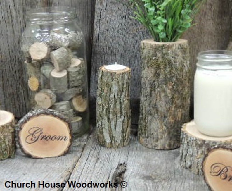 10 qty Tall Rustic Candle Holders, Tree Branch Candle Holders, Rustic Wedding Centerpieces, Wood Candle Centerpieces image 1