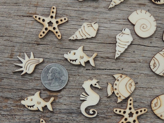 50 Piece Mix Under the Sea Wood Shapes Embellishments for Crafts