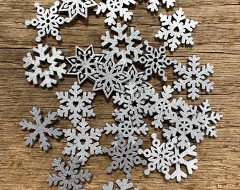 25 SMALL Snowflake SILVER Wood Christmas Ornament Supplies DIY Wooden Christmas Crafts To Paint On- 1 Inch Snowflakes