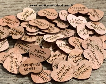 100 Happy Birthday 1" Wood Hearts, Wood Confetti Laser Engraved Love Hearts- Rustic Wedding Decor- Table Decorations- Small Wooden Hearts