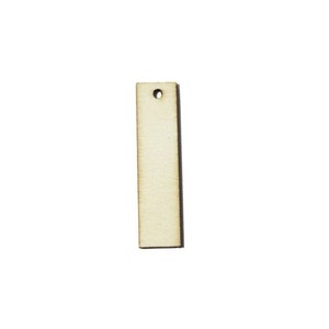 May include: A plain, rectangular wooden tag with a hole in the top. The tag is light brown and has a smooth surface.