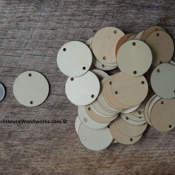 1.5 inch wooden 2 HOLE TAG craft circles, DIY craft supplies one and half inch wood circles, wood coins, wood disk, rounds, cookies,  holes