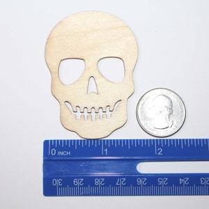 Pode incluir: Um recorte de madeira em forma de caveira, com aproximadamente 7,6 cm de altura, com &oacute;rbitas oculares, uma cavidade nasal e uma fileira de dentes. Uma moeda de um quarto de d&oacute;lar americano e uma r&eacute;gua azul est&atilde;o ao lado da caveira para compara&ccedil;&atilde;o de tamanho.