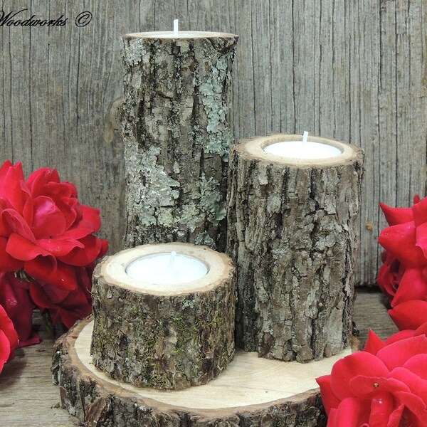 Sostenedores de vela de rama de árbol, conjunto de 3, rústico madera candelabros, candelabros de madera, sostenedores de vela de la corteza del árbol