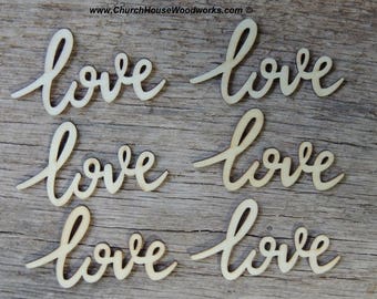 25 qty love Cursive 2 inch words, Wedding receptions, wedding table decor, wedding confetti, love wood embellishment, love wood shape