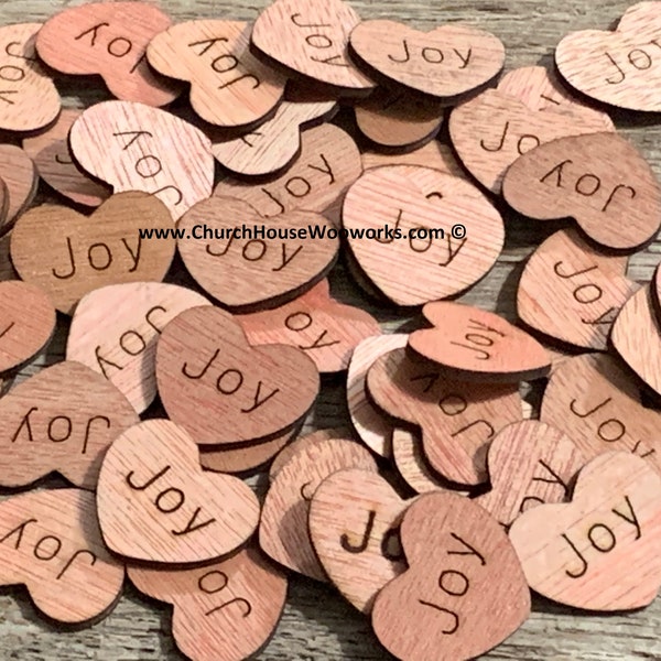 100 JOY 1" Wood Hearts, Wood Confetti Laser Engraved Love Hearts- Rustic Wedding Decor- Table Decorations- Small Wooden Hearts