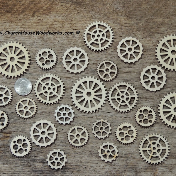 25 Wood Gear Cogs for Steampunk Crafts Wooden Watch Gears Wheels Embellishments Shapes Industrial Craft Supplies 1 to 2 inch size