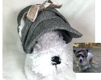 Houtskoolgrijze Visgraat hertentalker hoed met oorgaten Tweed detective hondenhoed voor Corgis コーギー Golden Retrievers Soortgelijke hoofdmaat honden