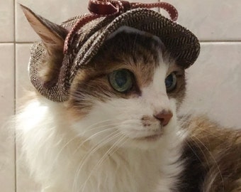 Cat Puppy Small dog Tweed deerstalker hat with ear holes Dark Brown Herringbone tweed detective hat Warm hat for cats small dogs puppies