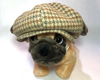 Checked tweed Baker boy dog hat with ear holes Beige brown green Houndstooth tweed Newspaper boy cap Pet Peaky Blinders hat ( M ~ L)