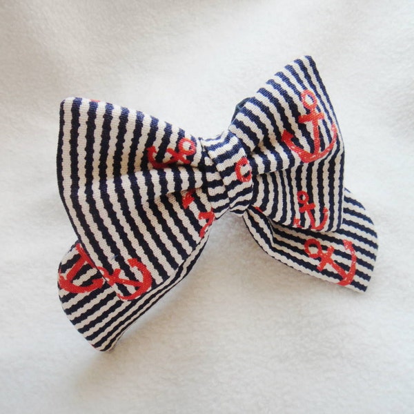 Pussy cat style anchor dog bow tie Orange red navy blue nautical girl dog bow tie Slide on Pussycat style bow for medium large dog