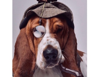 Deerstalker hat with no ear holes Herringbone tweed detective hat for Basset Hound or floppy eared dog of similar head size