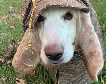 Deerstalker HAT with no earholes Herringbone tweed detective hat for Basset Hound or floppy eared dog of similar head size Dog detective hat