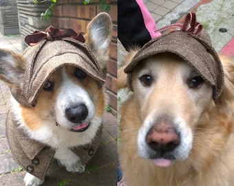 Deerstalker hat for Corgi コーギー Golden Retriever Similar head size dog Winter hat Herringbone tweed Detective hat with ear holes