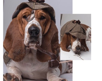 Deerstalker hat Basset Hound Floppy eared dog of similar head size tweed deerstalker hat Herringbone dog detective hat Sherlock Holmes hat