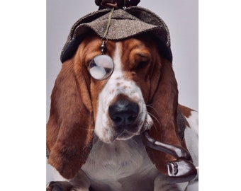 Herringbone tweed Deerstalker hat with no earholes Pet detective hat for Basset Hound or floppy eared dog of similar head size