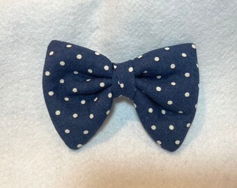 Navy blue polka dot dog bowtie Pet bow Dog collar bow Cotton linen dotty pet bowtie in navy blue and white for medium large dog ( L)