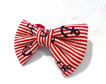 Navy Red anchor dog bow tie Slide on dog collar bow with navy blue anchors red wavy stripes Summer pet bow tie Medium large dog nautical bow