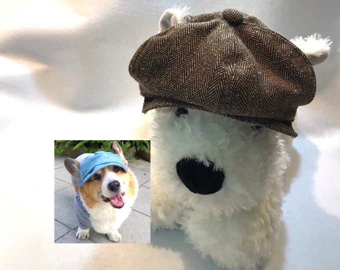 Dog Peaky Blinders Cap With Ear Holes Tweed Newspaper Boy Hat Dark Brown Herringbone Baker Boy