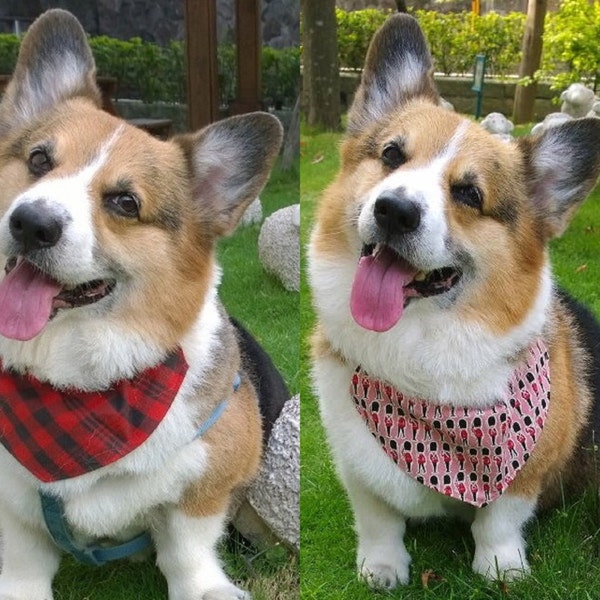 Dog bandana Queen's guards red black plaid Reversible cotton pet bandana with British royal soldiers & check for medium large dog ( L)