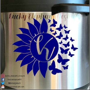 Personalisierter Sonnenblumen Schmetterling Initial Aufkleber - Personalisierter Blumentopf Aufkleber - Monogram Sunflowr Schmetterling