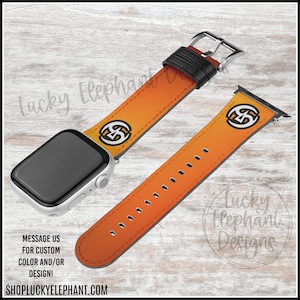 May include: Orange and black Apple Watch band with a custom design featuring a circle with a letter G inside. The band is made of leather and has a gradient color effect. The text "MESSAGE US FOR CUSTOM COLOR AND/OR DESIGN! SHOPLUCKYELEPHANT.COM" is visible on the image.